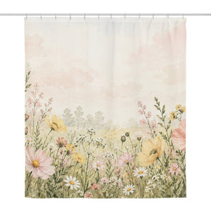 Poppy Meadow shower curtain, full front view of the 71 x 74 in fabric curtain