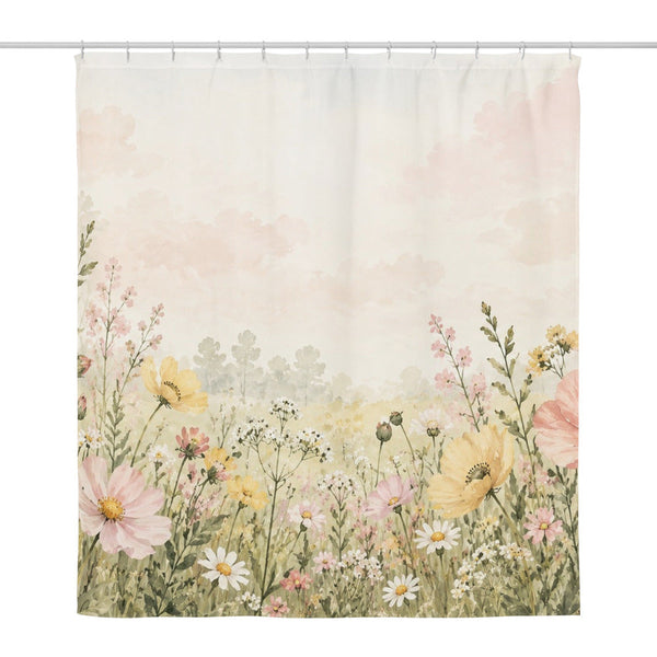 Poppy Meadow shower curtain, full front view of the 71 x 74 in fabric curtain