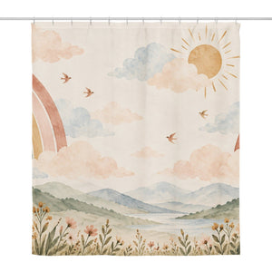 Wildflower Rainbow Meadow shower curtain, full front view of the 71 x 74 in fabric curtain