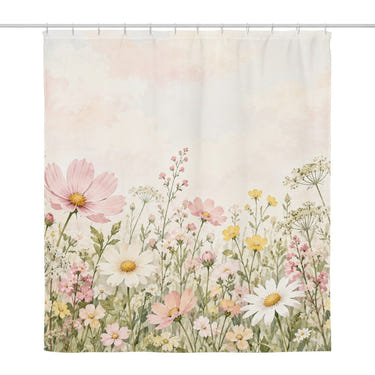 Cosmos and Daisy Meadow shower curtain, full front view of the 71 x 74 in fabric curtain