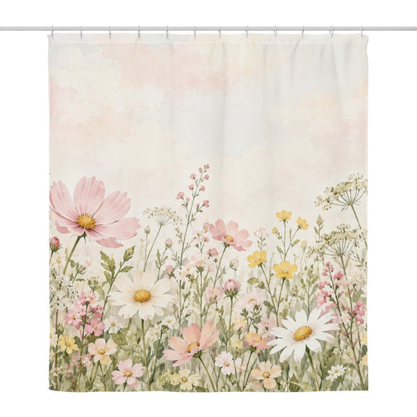 Cosmos and Daisy Meadow shower curtain, full front view of the 71 x 74 in fabric curtain