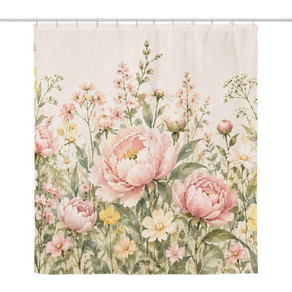 Peony Garden shower curtain, full front view of the 71 x 74 in fabric curtain