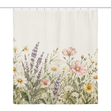 Lavender Wildflowers shower curtain, full front view of the 71 x 74 in fabric curtain