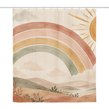 Rainbow Sunshine Clouds shower curtain, full front view of the 71 x 74 in fabric curtain