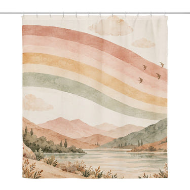 Wavy Rainbow Lake shower curtain, full front view of the 71 x 74 in fabric curtain