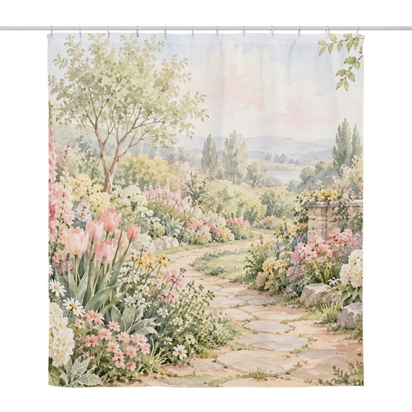 Cottage Garden Path shower curtain, full front view of the 71 x 74 in fabric curtain