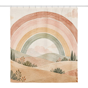 Big Rainbow Meadow shower curtain, full front view of the 71 x 74 in fabric curtain