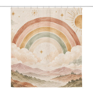 Starry Rainbow Dreamland shower curtain, full front view of the 71 x 74 in fabric curtain