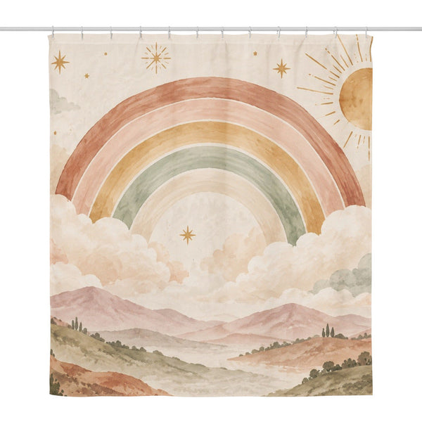Starry Rainbow Dreamland shower curtain, full front view of the 71 x 74 in fabric curtain