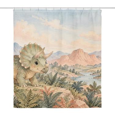 Baby Triceratops Dinosaur shower curtain, full front view of the 71 x 74 in fabric curtain