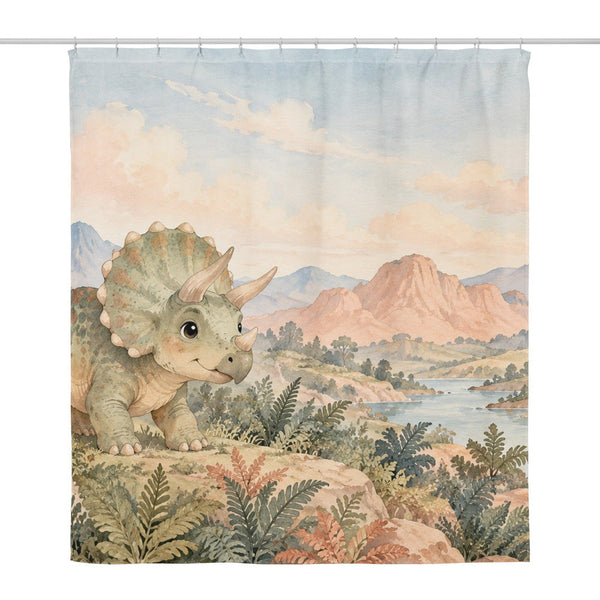 Baby Triceratops Dinosaur shower curtain, full front view of the 71 x 74 in fabric curtain