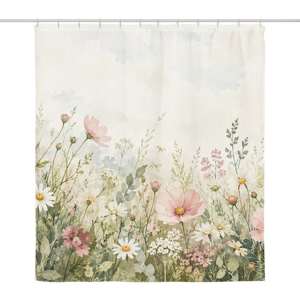 Wild Cosmos Field shower curtain, full front view of the 71 x 74 in fabric curtain