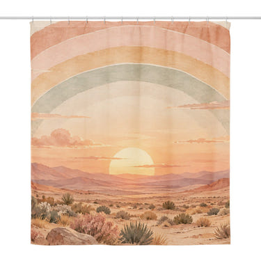 Desert Sunset Rainbow shower curtain, full front view of the 71 x 74 in fabric curtain
