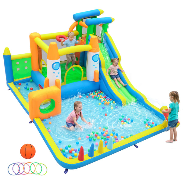 10-in-1 inflatable bounce house with water slide for kids, outdoor play, angle view 2.