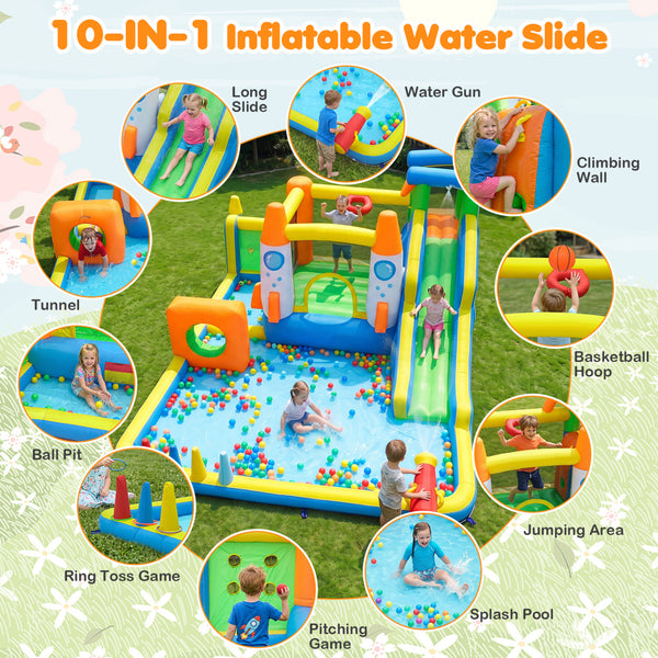 10-in-1 inflatable bounce house with water slide for kids, perfect for outdoor and water play fun. Angle 6 view.