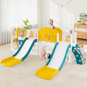 10-in-1 toddler slide and swing set with double slides and tunnel for outdoor fun and playtime activities.
