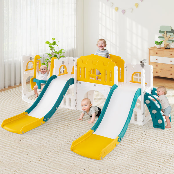 10-in-1 toddler slide and swing set with double slides and tunnel for outdoor fun and playtime activities.