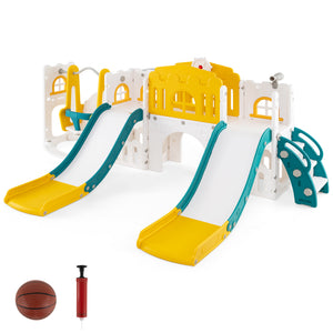 10-in-1 toddler slide and swing set with double slides and tunnel, perfect for outdoor playtime fun.