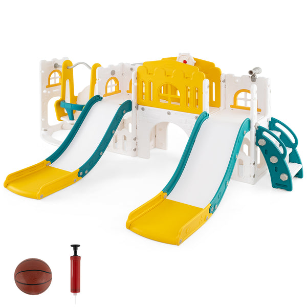10-in-1 toddler slide and swing set with double slides and tunnel, perfect for outdoor playtime fun.