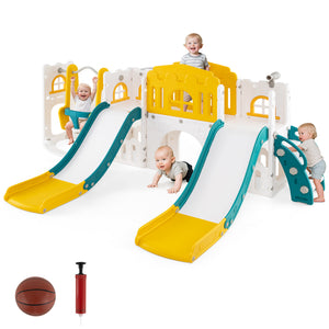 10-in-1 toddler slide and swing set with double slides and tunnel, perfect for outdoor playtime fun.