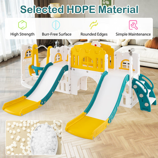 10-in-1 toddler slide and swing set with double slides and tunnel, perfect for outdoor play and fun activities.
