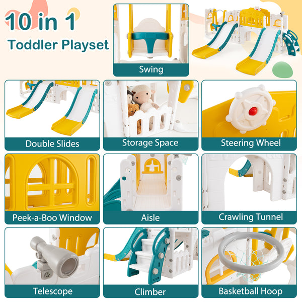 10-in-1 toddler slide and swing set with double slides and tunnel, perfect for outdoor playtime fun.