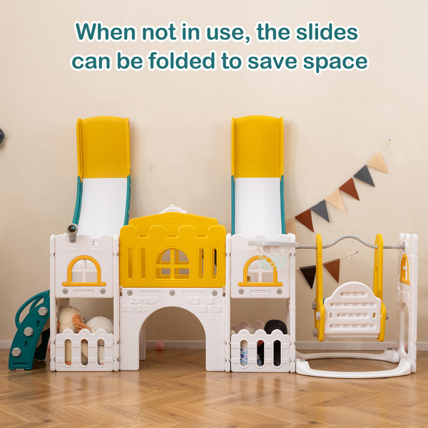 10-in-1 toddler slide and swing set with double slides and tunnel, perfect for outdoor play and fun activities.