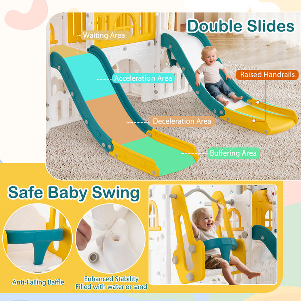 10-in-1 toddler slide and swing set with double slides and tunnel, perfect for outdoor playtime fun.