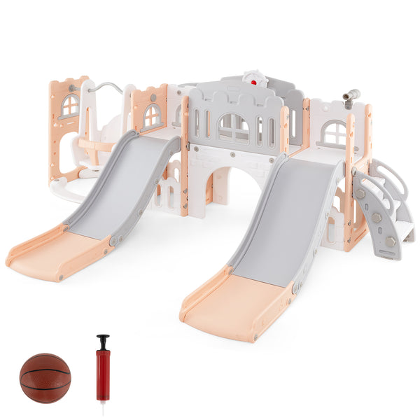 10-in-1 toddler slide and swing set with double slides and tunnel, perfect for outdoor play and fun.