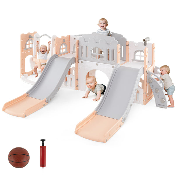 10-in-1 toddler slide and swing set with double slides and tunnel, perfect for outdoor play and fun.