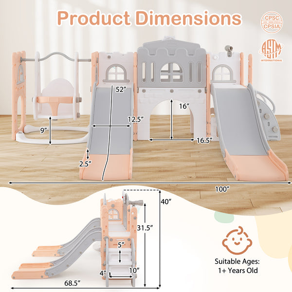10-in-1 toddler slide and swing set with double slides and tunnel, perfect for outdoor play and fun activities.