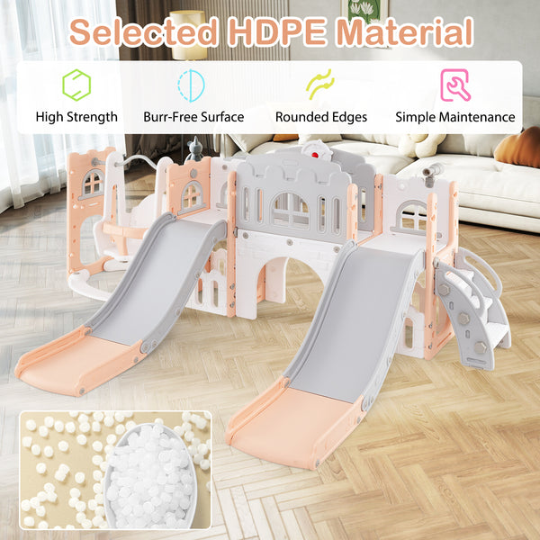 10-in-1 toddler slide and swing set with double slides and tunnel, perfect for active playtime fun.