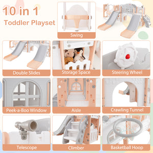 10-in-1 toddler slide and swing set with double slides and tunnel, perfect for outdoor play and fun activities.