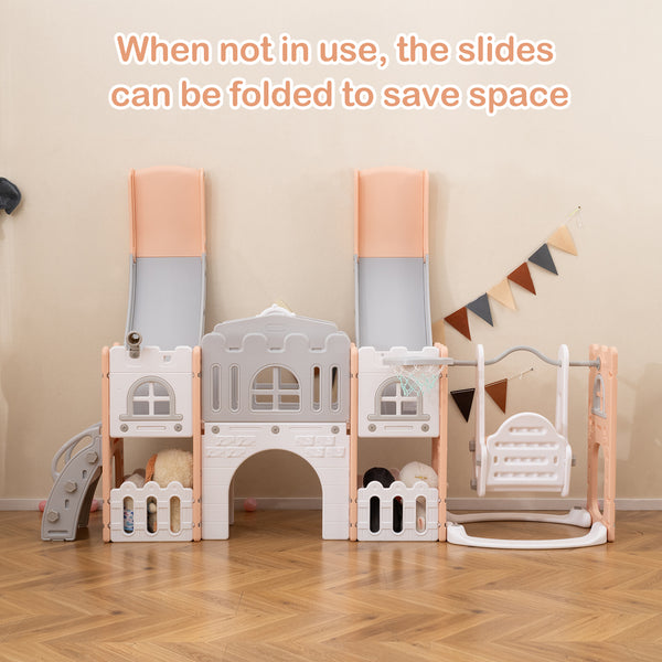 10-in-1 toddler slide and swing set with double slides and tunnel, perfect for outdoor play and fun activities.