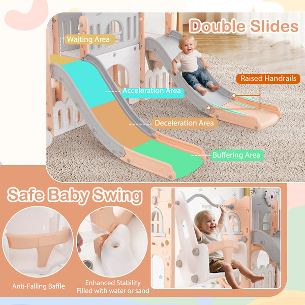 10-in-1 toddler slide and swing set with double slides and tunnel, perfect for outdoor play and fun.