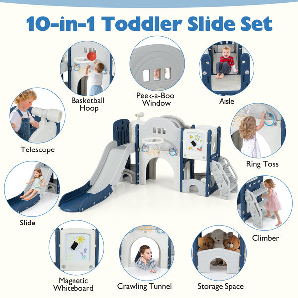 10 in 1 toddler slide set, kids slide and climber playset for indoor playground fun at angle 14.