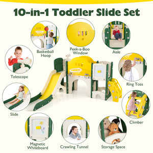 10 in 1 toddler slide set for indoor play, featuring a colorful slide and climber for kids' fun and exercise.