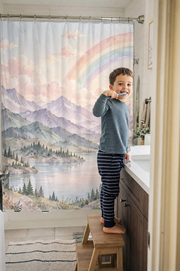 Child brushing teeth in a family bathroom with the Lavender Peaks Rainbow shower curtain