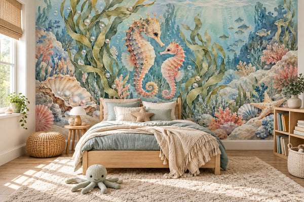 Watercolor Seahorse Pair Ocean Wall Mural, image 2
