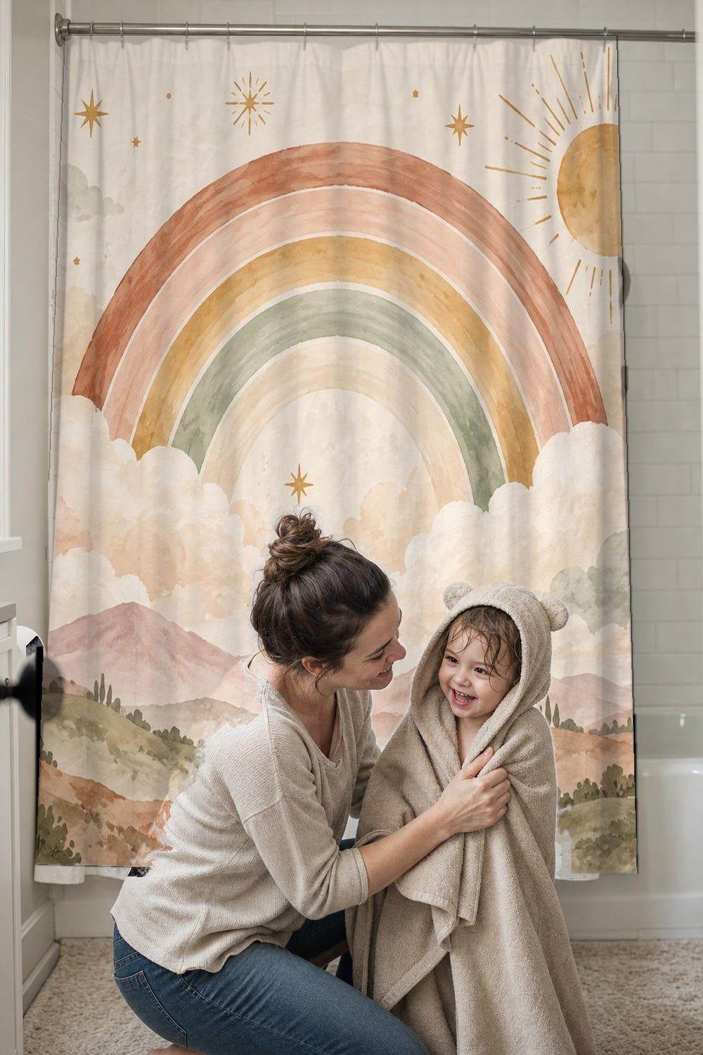 Starry Rainbow Dreamland shower curtain, full front view of the 71 x 74 in fabric curtain