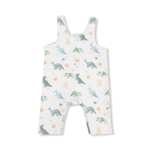 Green Soft Dinos overalls for babies, featuring a cute dinosaur print, perfect for playful outfits.