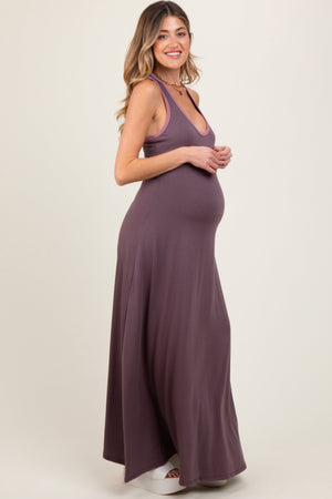 Purple Solid Open Back Sleeveless Maternity Maxi Dress