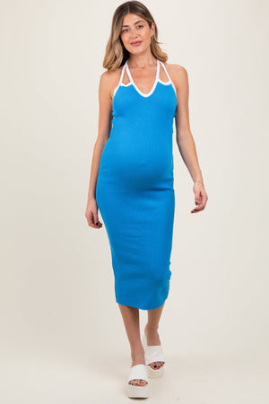 Aqua Contrast Trim Keyhole Cutout Maternity Midi Dress