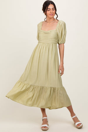 Mint Pleated Bodice Puff Sleeve Maternity Midi Dress
