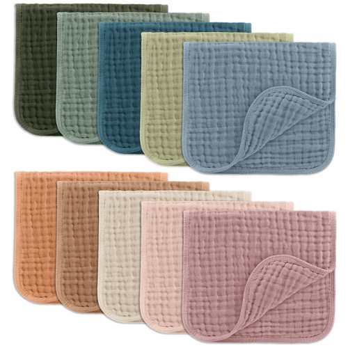 Multicolor muslin burp cloths arranged at angle 7, perfect for stylish and absorbent baby care.