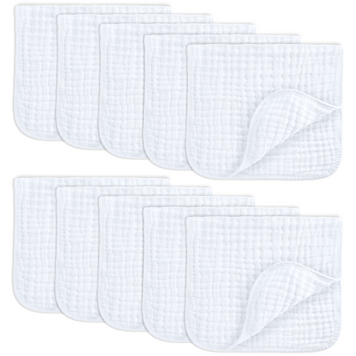 White muslin burp cloths at angle 7, soft and absorbent for effortless feeding and clean-up.