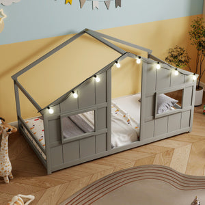Twin Size House Bed with LED Lights Montessori Slat-free Floor Bed-Grey