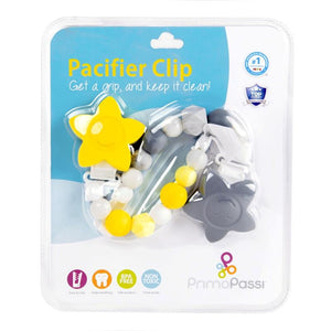 Primo Passi 3-in-1 Silicone Pacifier Clip in Grey and Yellow