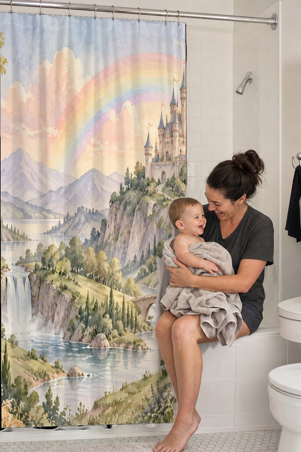 Mom holding her baby on the tub edge next to the Rainbow Castle Fairy Tale shower curtain
