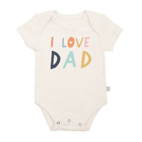 Short sleeve graphic bodysuit for babies featuring "Love Dad" design. Perfect gift for new fathers.